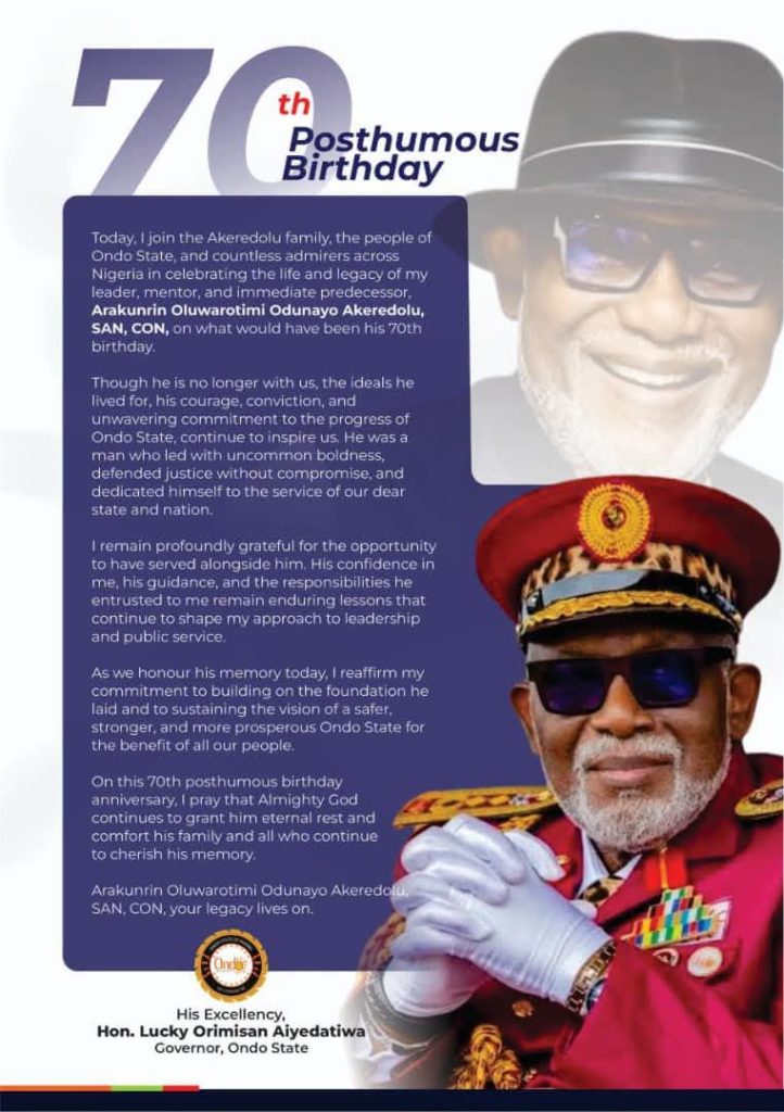 Akeredolu’s Legacy Lives On, Says Aiyedatiwa on 70th Posthumous Birthday